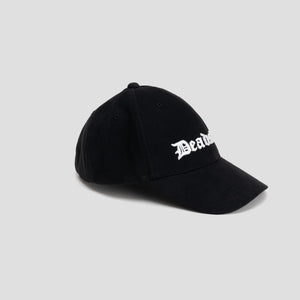 The side of a black hat with Deadstock embroidered in white