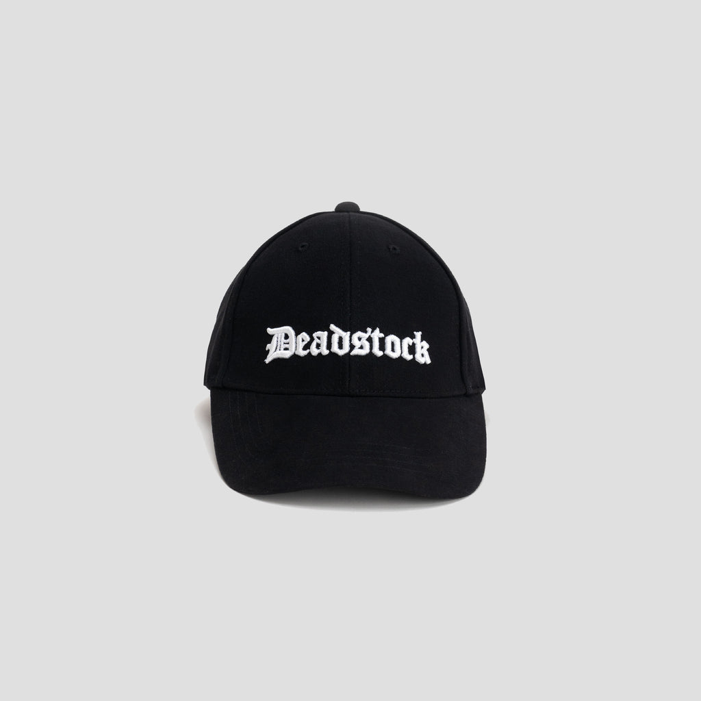 A black hat with Deadstock embroidered in white 