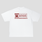 Load image into Gallery viewer, The back of a white t-shirt with red printing of a restricted tekst
