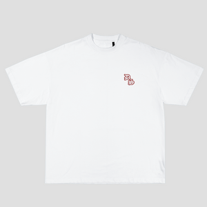 The fornt of a white t-shirt with DS printed on the left chest