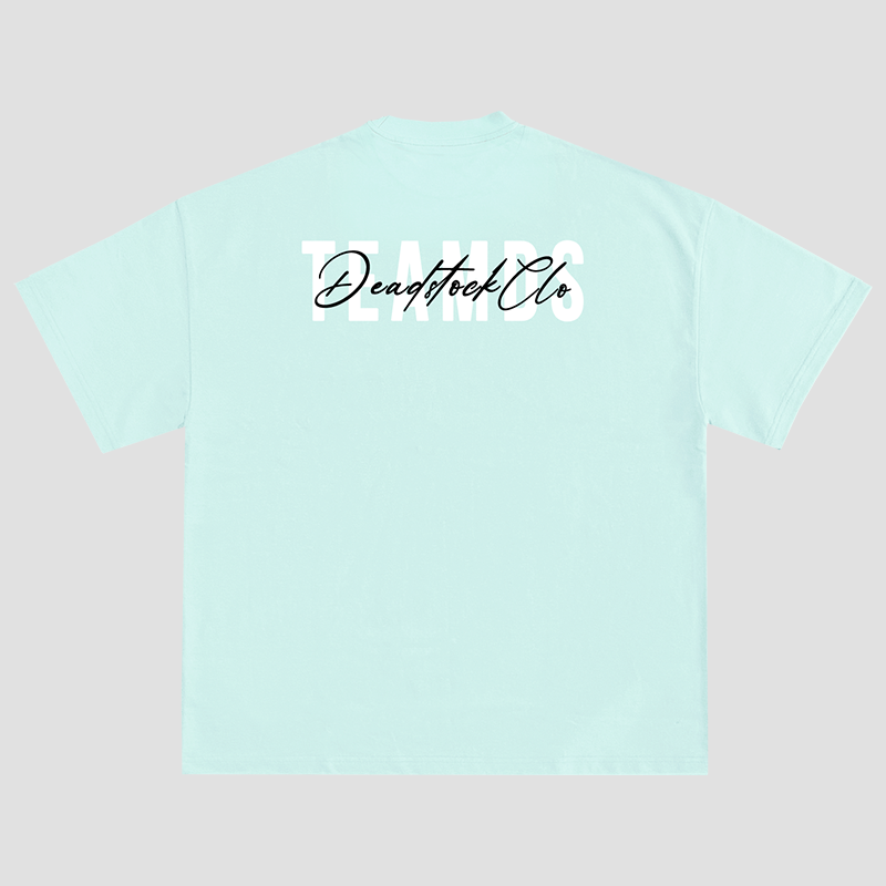 The back of a blue t-shirt with Teamds printed in white and Deadstock Clo printed in black